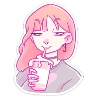 🧃 2d5d998a 粉色头发, 饮酒, 可爱, 女孩, 颈圈, 卡通 telegram sticker