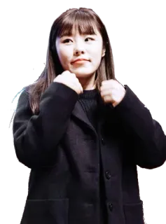 🤗 d9065219 mujer, retrato, flequillo, abrigo negro, puños en alto, persona, chica whatsapp sticker