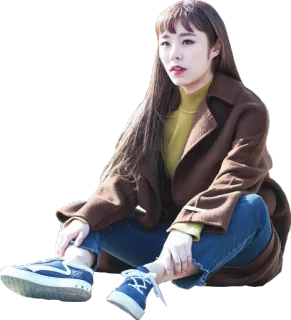 😀 1e1369d9 ผู้หญิง, นั่ง, เสื้อโค้ท, กางเกงยีนส์, เกาหลี telegram sticker