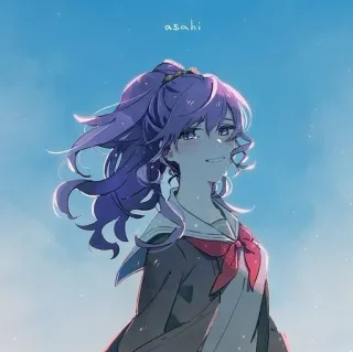 🔮 15f9916a asahi 애니메이션, 소녀, 보라색 머리, 하늘, 아사히 telegram sticker