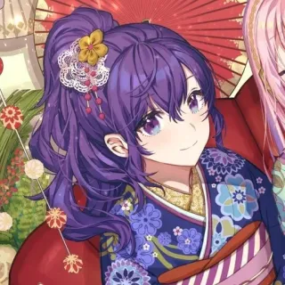 🔮 7fbc3d7d 애니메이션, 소녀, 기모노, 꽃, 보라색 머리 telegram sticker
