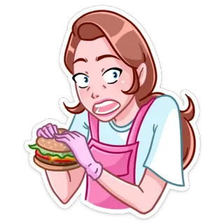 🍔 85070a31 女人, 汉堡, 食物, 手套, 卡通, 围裙, 午餐, 角色 telegram sticker