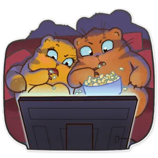 💑 49550e0e cats, watching tv, popcorn, movie night, cartoon, animals whatsapp sticker