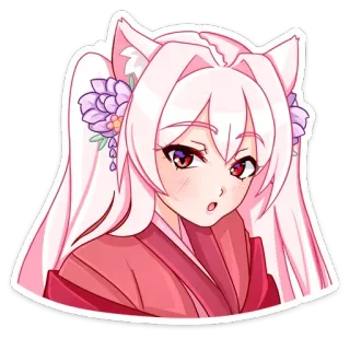 😯 fd530644 애니메이션 소녀, 여우 귀, 케모노미미, 분홍색 머리, 꽃, 귀여운, 카와이, 만화 telegram sticker