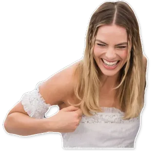 🤣 56b76853 Margot Robbie aktris, selebriti, pirang, wanita, senyum, bahagia, Margot Robbie telegram sticker