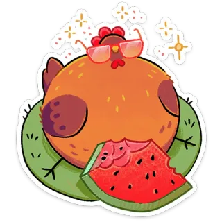 ⭐ 0e966021 ไก่, แตงโม, แว่นกันแดด, ฤดูร้อน, นก, อาหาร, การ์ตูน telegram sticker