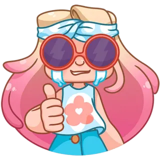 👍 081bdea0 hoạt hình, cô gái, ngón tay cái giơ lên, hoa, kính râm, băng đô, hippie telegram sticker