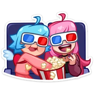 🍿 9a20c74a kartun, film, popcorn, kacamata 3D, teman, perempuan telegram sticker