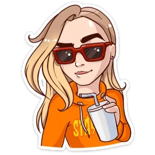 🍹 7cb0f240 Slurps 卡通, 女孩, 金发, 太阳镜, 饮料, 橙色连帽衫 telegram sticker