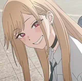 ❤️ b77ec8d4 cô gái anime, tóc vàng, mắt đỏ, nụ cười, bông tai, vòng cổ, dễ thương, chân dung whatsapp sticker