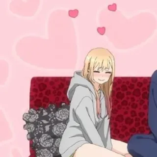 🥟 62f85fd0 anime, cô gái, nụ cười, trái tim, tóc vàng, ghế sofa telegram sticker