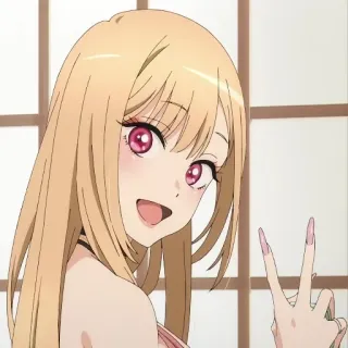 ❤️ 671c9545 Marin Kitagawa My Dress-Up Darling Anime, Chica, Rubia, Ojos rosas, Marin Kitagawa, My Dress-Up Darling, Signo de la paz whatsapp sticker