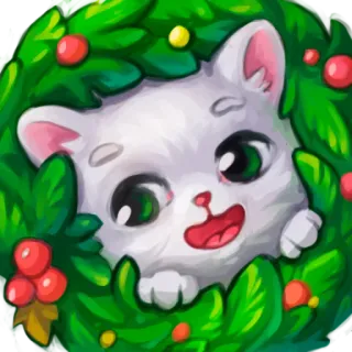 🍀 18a4cc51 cat, kitten, cute, animal, cartoon, green, leaves, berries, festive telegram sticker
