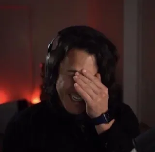 ☠️ da95c391 homem, pessoa, rindo, cabeça na mão, retrato, cabelo escuro, roupa casual telegram sticker