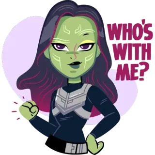 🤠 bcdff305 Gamora WHO'S WITH ME? กามอร่า, ผู้พิทักษ์จักรวาล, มาร์เวล, ซูเปอร์ฮีโร่, หนังสือการ์ตูน, สติกเกอร์, ภาพเคลื่อนไหว telegram sticker