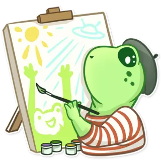 🎨 a2592790 Frosch, Künstler, Gemälde, Zeichnung, Baskenmütze, süß, Cartoon, Sonne, Alien, kreativ telegram sticker