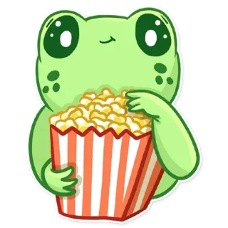 🍿 e1045cba Frosch, Popcorn, Süß, Cartoon, Snack, Essen, Grün, Tier telegram sticker