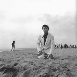 😨 834d89e3 beach, sand, man, white suit, ocean, kneeling, black and white telegram sticker