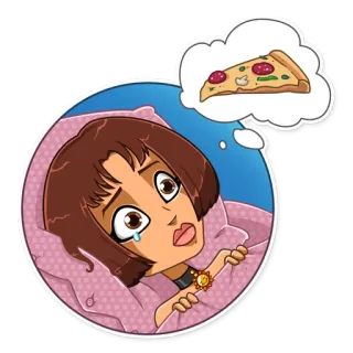 🍕 a5f86b2f 伤心, 披萨, 食物, 卡通, 做梦, 女孩, 角色 whatsapp sticker