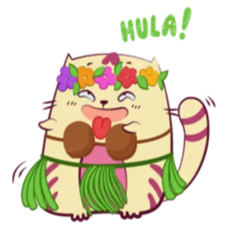 💃 e64c22d7 HULA! kucing, hula, mahkota bunga, tropis, imut, kawaii whatsapp sticker