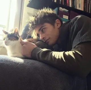 🍷 0e65f08e mèo, đàn ông, thú cưng, tình bạn, trong nhà telegram sticker