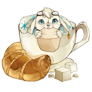 ☕ 74bc4f04 кролик, чашка кофе, круассан, милый, зима, еда, животное, кафе whatsapp sticker