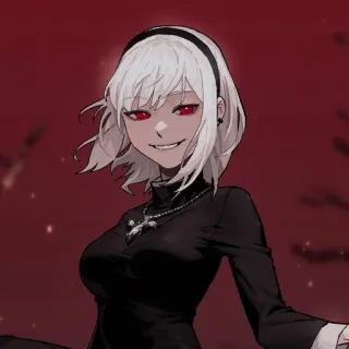 🪔 0acff2f1 anime, girl, gothic, red eyes, pale skin, cross necklace, evil smile whatsapp sticker