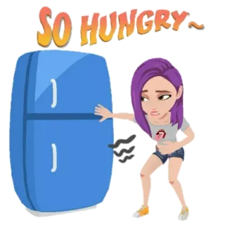 😖 13a9ce49 SO HUNGRY~ głodny, jedzenie, lodówka, kreskówka, kobieta, dziewczyna, kreskówka, wyrażenie, uczucie telegram sticker