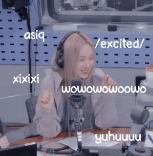 ☕ 6ff81eb7 asiq xixixi /excited/ wowoowomoowo yuhuuu wanita, rambut pink, radio, studio, tertawa, semangat telegram sticker