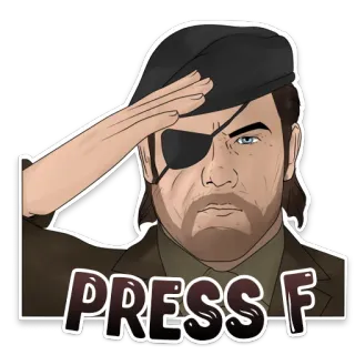 😢 f05340f4 Big Boss Metal Gear Solid PRESS F videogioco, saluto, personaggio, militare, azione, soldato, benda sull'occhio, premi F whatsapp sticker
