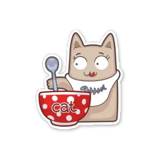 🍲 33f906c0 cat кот, животное, мультфильм, питомец, миска, ложка, рыбья кость whatsapp sticker