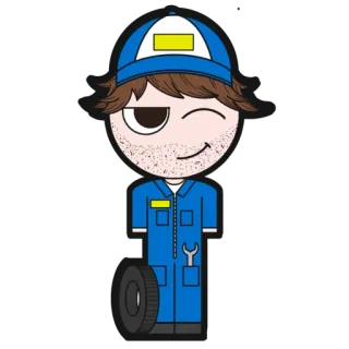 😉 6a676679 mechanic, wrench, tire, cartoon, blue, worker whatsapp sticker