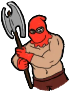 🪓 f4330934 axe, executioner, hood, weapon, menacing, cartoon, red telegram sticker