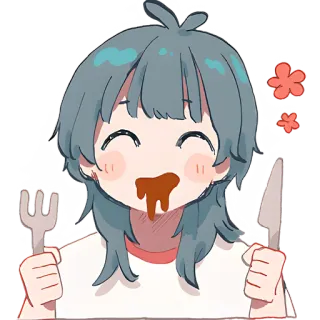 😋 14cee777 eten, eten, maaltijd, honger, blij, anime, personage, vork, mes telegram sticker