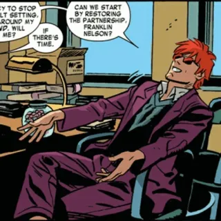 😌 b748e4b6 Franklin Nelson BY TO STOP
ILT SETTING.
ROUND MY
D. WILL
ME?
IF
THERE'S
TIME.
CAN WE START
BY RESTORING
THE PARTNERSHIP.
FRANKLIN
NELSON? fumetto, personaggio, ufficio, seduto, parlando telegram sticker