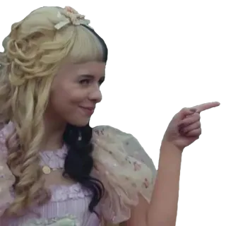 😏 92361332 Melanie Martinez Melanie Martinez, cantante, che indica, capelli biondi, bambola, ritratto telegram sticker