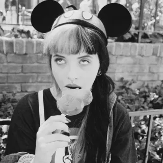 ▪️ 5d9e5ff8 woman, mickey mouse, hat, black and white, disney, lollipop telegram sticker