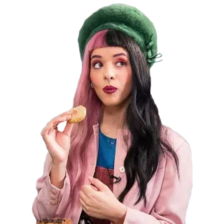 🍩 038c84e2 Melanie Martinez Melanie Martinez, cantante, celebrità, cibo, biscotto, donna, cappello, capelli rosa telegram sticker