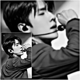 ☠ 33f484b1 hombre, kpop, cantante, blanco y negro, auriculares, artista whatsapp sticker