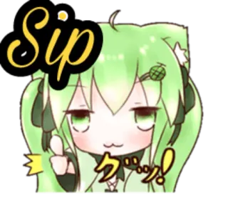 👍 2c0cc677 Sip Anime, Kawaii, Boisson, Siroter, Mignon, Cheveux Verts, Chibi telegram sticker