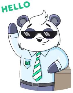 🖖 ed99fc74 HELLO Panda, Dessin animé, Bonjour, Salutation, Amical, Bureau, Lunettes, Signe de la main telegram sticker