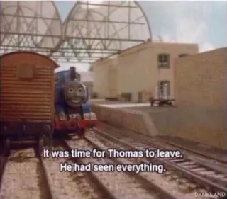😐 4a53aa8b Thomas It was time for Thomas to leave. He had seen everything. Thomas il trenino, treno, ferrovia, programma per bambini, cartone animato whatsapp sticker
