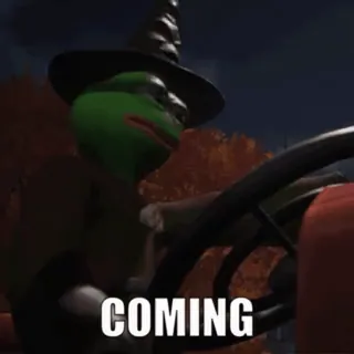 🚓 1339c3d8 Pepe the Frog COMING カエル, ミーム, 近日公開, 運転, 魔女, ハロウィン whatsapp sticker