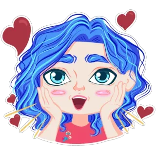 😍 1dba01c0 dibujo animado, chica, mujer, retrato, pegatina, pelo azul, corazones, lindo telegram sticker