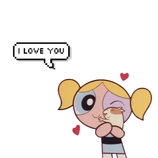 ❤ c24fbfd4 Bubbles The Powerpuff Girls I LOVE YOU dessin animé, amour, affection, mignon, coeur, pixel, texte telegram sticker