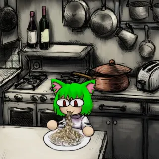 😚 dc5ca9ec アニメ, 猫耳娘, 緑髪, 食べる, スパゲッティ telegram sticker