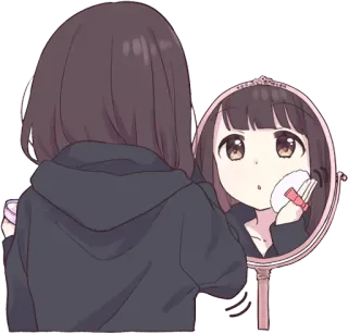 🙂 9e06f541 애니메이션, 여자, 거울, 메이크업, 귀여운, 귀여운 telegram sticker