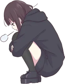 😟 fb3e6bc5 애니메이션, 소녀, 슬픈, 후드티, 앉아있는, 귀여운, 만화, 캐릭터 telegram sticker