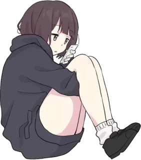 😐 d420e98f 애니메이션 소녀, 후드티, 휴대폰, 앉아있는, 만화, 카와이 telegram sticker
