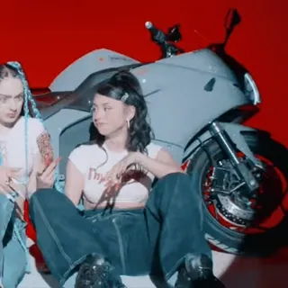 🍣 7bfff41d I'm Single woman, girl, motorcycle, red background, teenager, fashion, clothing telegram sticker